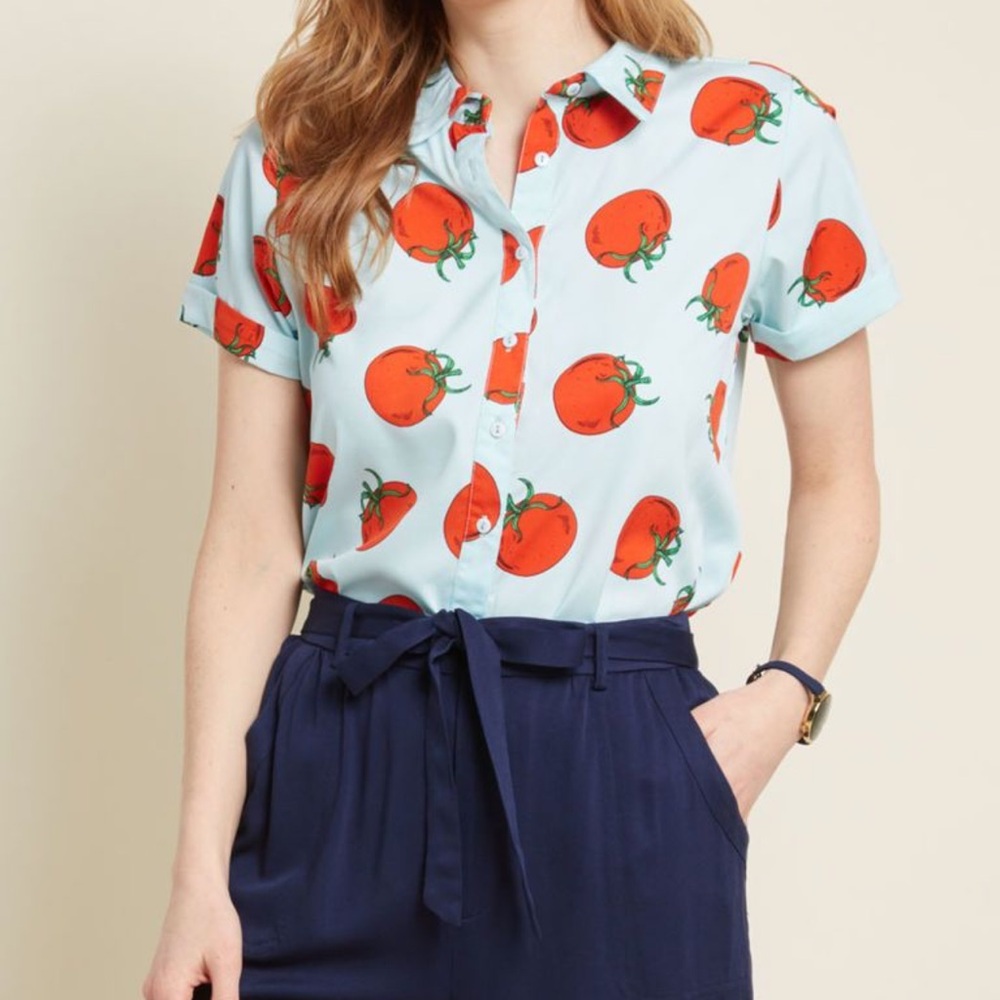 Modcloth Light Blue Tomato Print Button Down Shirt